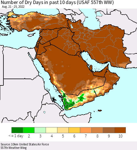 Middle East and Turkey Number of Dry Days in past 10 days (USAF 557th WW) Thematic Map For 8/21/2022 - 8/25/2022
