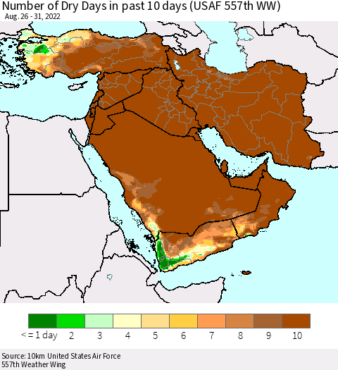 Middle East and Turkey Number of Dry Days in past 10 days (USAF 557th WW) Thematic Map For 8/26/2022 - 8/31/2022