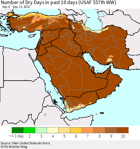 Middle East and Turkey Number of Dry Days in past 10 days (USAF 557th WW) Thematic Map For 9/11/2022 - 9/15/2022