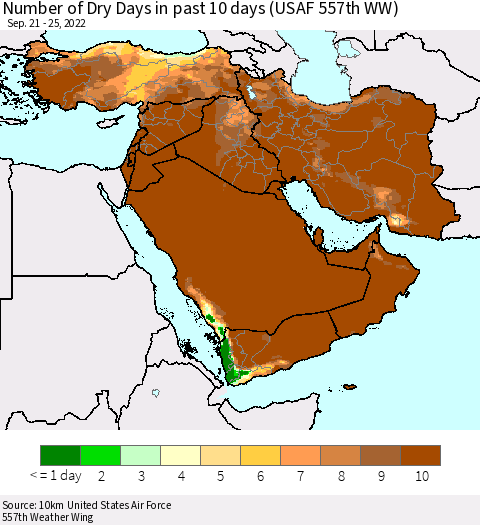 Middle East and Turkey Number of Dry Days in past 10 days (USAF 557th WW) Thematic Map For 9/21/2022 - 9/25/2022