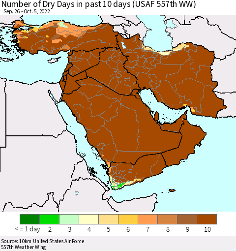 Middle East and Turkey Number of Dry Days in past 10 days (USAF 557th WW) Thematic Map For 10/1/2022 - 10/5/2022
