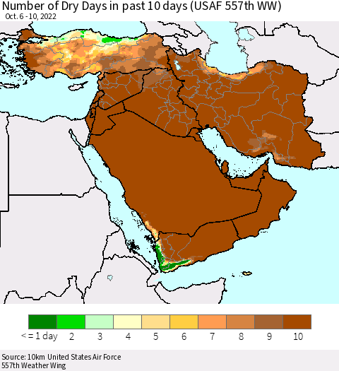 Middle East and Turkey Number of Dry Days in past 10 days (USAF 557th WW) Thematic Map For 10/6/2022 - 10/10/2022