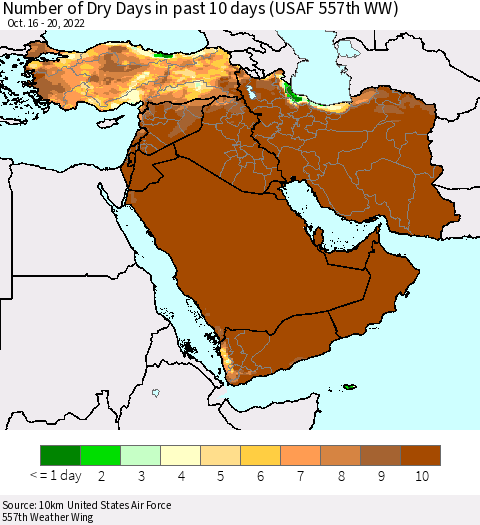 Middle East and Turkey Number of Dry Days in past 10 days (USAF 557th WW) Thematic Map For 10/16/2022 - 10/20/2022