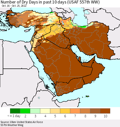 Middle East and Turkey Number of Dry Days in past 10 days (USAF 557th WW) Thematic Map For 10/21/2022 - 10/25/2022