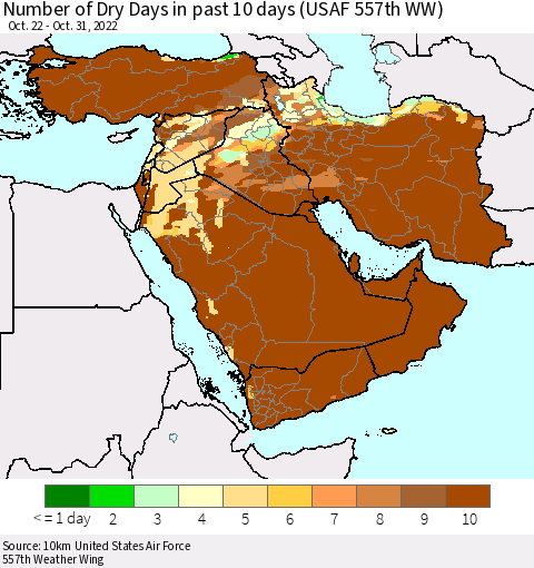 Middle East and Turkey Number of Dry Days in past 10 days (USAF 557th WW) Thematic Map For 10/26/2022 - 10/31/2022
