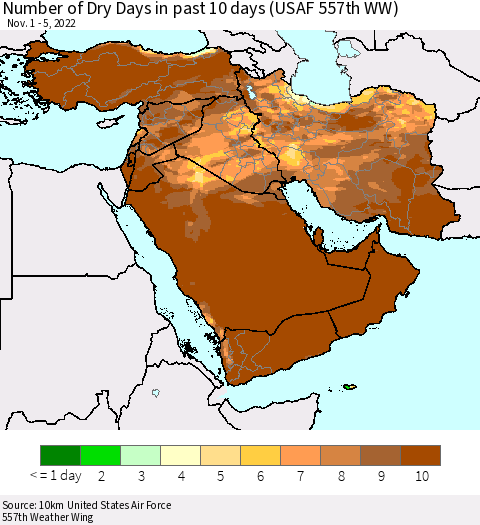 Middle East and Turkey Number of Dry Days in past 10 days (USAF 557th WW) Thematic Map For 11/1/2022 - 11/5/2022