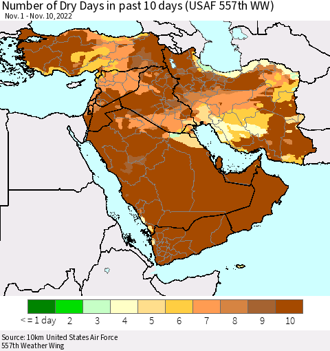 Middle East and Turkey Number of Dry Days in past 10 days (USAF 557th WW) Thematic Map For 11/6/2022 - 11/10/2022