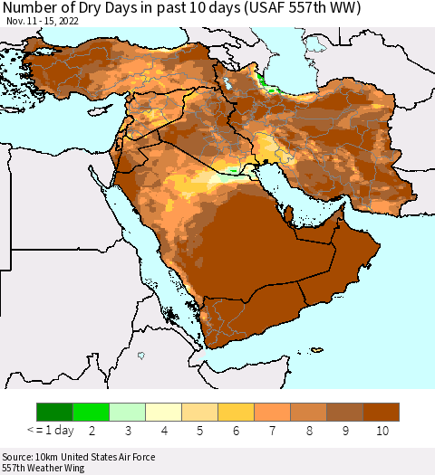 Middle East and Turkey Number of Dry Days in past 10 days (USAF 557th WW) Thematic Map For 11/11/2022 - 11/15/2022