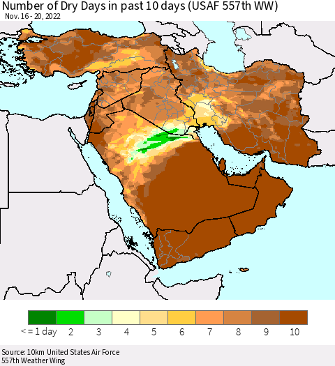 Middle East and Turkey Number of Dry Days in past 10 days (USAF 557th WW) Thematic Map For 11/16/2022 - 11/20/2022