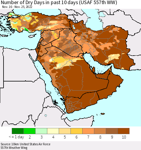 Middle East and Turkey Number of Dry Days in past 10 days (USAF 557th WW) Thematic Map For 11/21/2022 - 11/25/2022