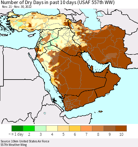 Middle East and Turkey Number of Dry Days in past 10 days (USAF 557th WW) Thematic Map For 11/26/2022 - 11/30/2022