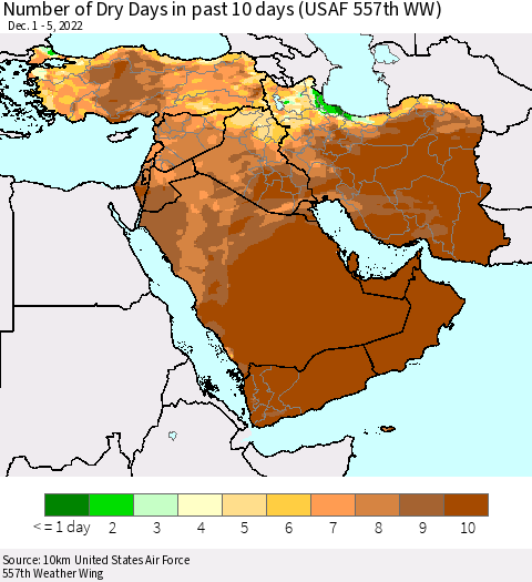 Middle East and Turkey Number of Dry Days in past 10 days (USAF 557th WW) Thematic Map For 12/1/2022 - 12/5/2022