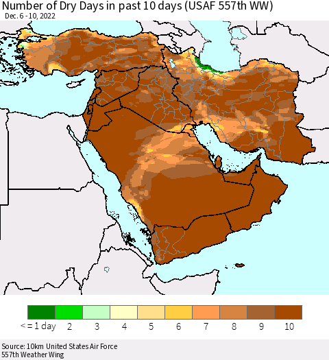 Middle East and Turkey Number of Dry Days in past 10 days (USAF 557th WW) Thematic Map For 12/6/2022 - 12/10/2022