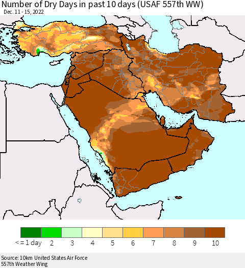 Middle East and Turkey Number of Dry Days in past 10 days (USAF 557th WW) Thematic Map For 12/11/2022 - 12/15/2022