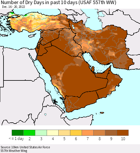 Middle East and Turkey Number of Dry Days in past 10 days (USAF 557th WW) Thematic Map For 12/16/2022 - 12/20/2022