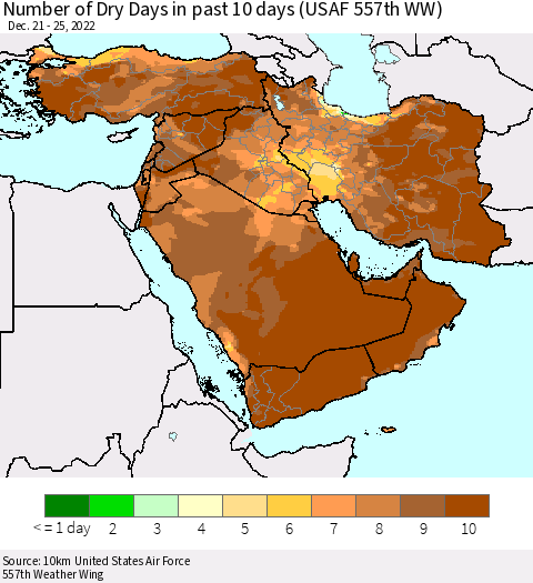 Middle East and Turkey Number of Dry Days in past 10 days (USAF 557th WW) Thematic Map For 12/21/2022 - 12/25/2022