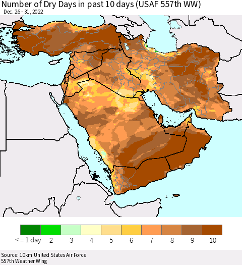 Middle East and Turkey Number of Dry Days in past 10 days (USAF 557th WW) Thematic Map For 12/26/2022 - 12/31/2022