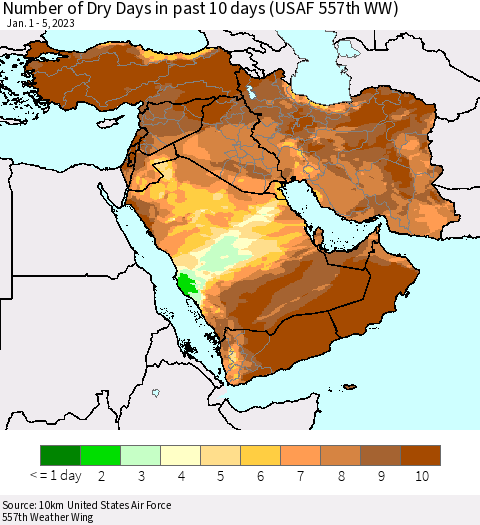 Middle East and Turkey Number of Dry Days in past 10 days (USAF 557th WW) Thematic Map For 1/1/2023 - 1/5/2023