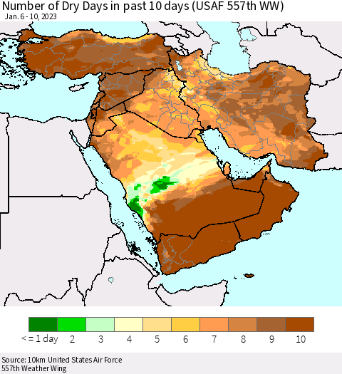 Middle East and Turkey Number of Dry Days in past 10 days (USAF 557th WW) Thematic Map For 1/6/2023 - 1/10/2023