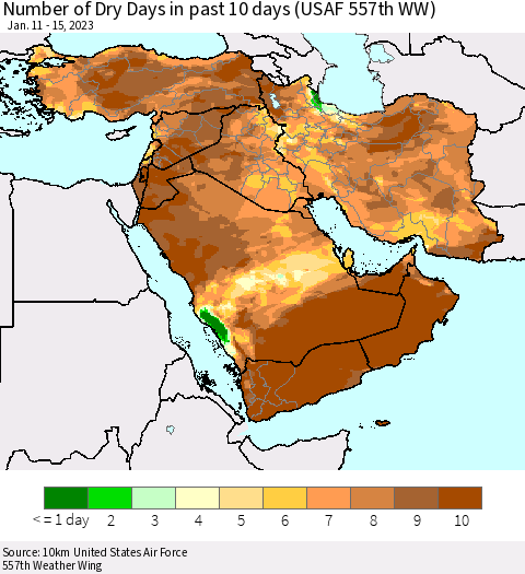 Middle East and Turkey Number of Dry Days in past 10 days (USAF 557th WW) Thematic Map For 1/11/2023 - 1/15/2023