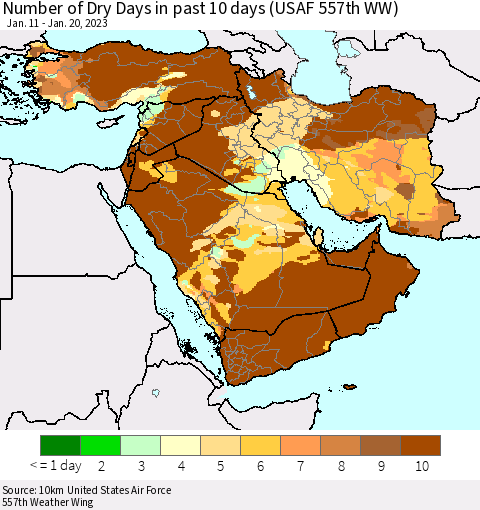 Middle East and Turkey Number of Dry Days in past 10 days (USAF 557th WW) Thematic Map For 1/16/2023 - 1/20/2023