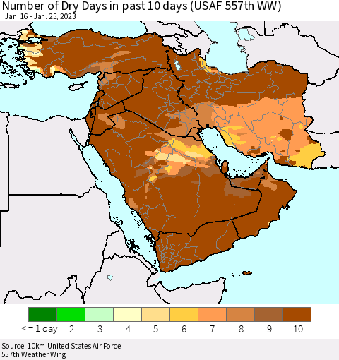 Middle East and Turkey Number of Dry Days in past 10 days (USAF 557th WW) Thematic Map For 1/21/2023 - 1/25/2023