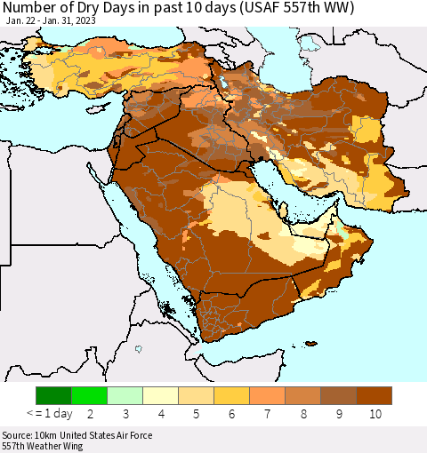 Middle East and Turkey Number of Dry Days in past 10 days (USAF 557th WW) Thematic Map For 1/26/2023 - 1/31/2023