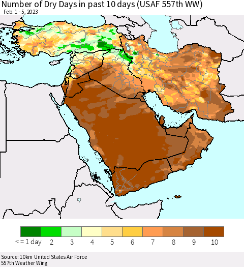 Middle East and Turkey Number of Dry Days in past 10 days (USAF 557th WW) Thematic Map For 2/1/2023 - 2/5/2023