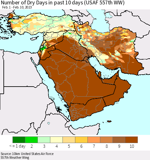 Middle East and Turkey Number of Dry Days in past 10 days (USAF 557th WW) Thematic Map For 2/6/2023 - 2/10/2023
