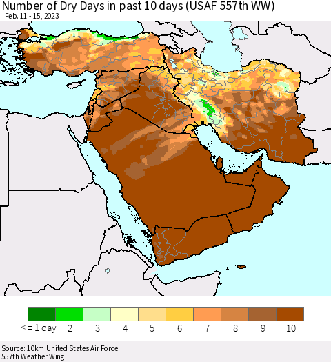 Middle East and Turkey Number of Dry Days in past 10 days (USAF 557th WW) Thematic Map For 2/11/2023 - 2/15/2023