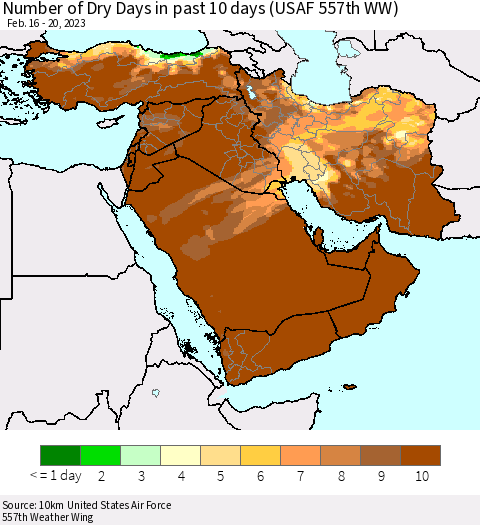 Middle East and Turkey Number of Dry Days in past 10 days (USAF 557th WW) Thematic Map For 2/16/2023 - 2/20/2023