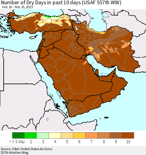 Middle East and Turkey Number of Dry Days in past 10 days (USAF 557th WW) Thematic Map For 2/21/2023 - 2/25/2023