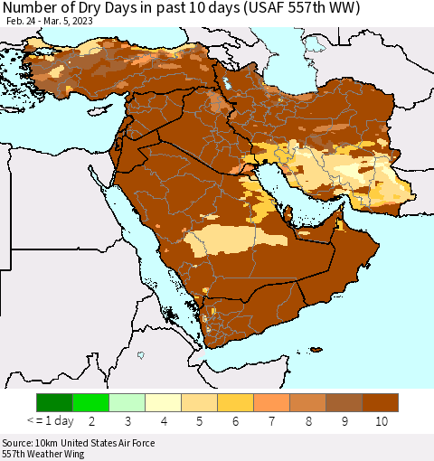 Middle East and Turkey Number of Dry Days in past 10 days (USAF 557th WW) Thematic Map For 3/1/2023 - 3/5/2023