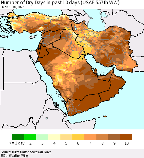 Middle East and Turkey Number of Dry Days in past 10 days (USAF 557th WW) Thematic Map For 3/6/2023 - 3/10/2023