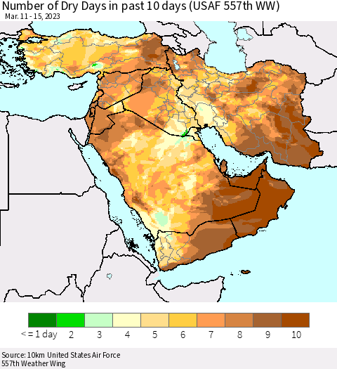 Middle East and Turkey Number of Dry Days in past 10 days (USAF 557th WW) Thematic Map For 3/11/2023 - 3/15/2023