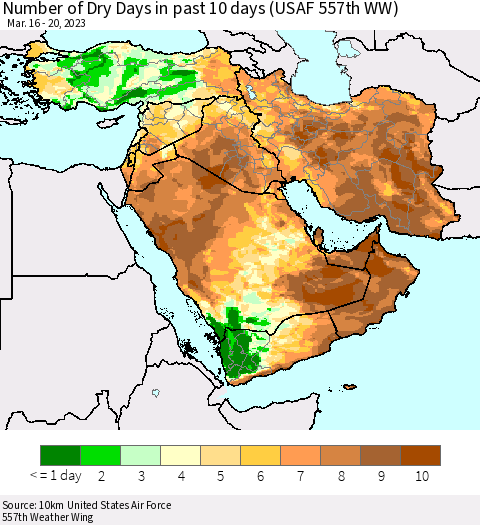 Middle East and Turkey Number of Dry Days in past 10 days (USAF 557th WW) Thematic Map For 3/16/2023 - 3/20/2023