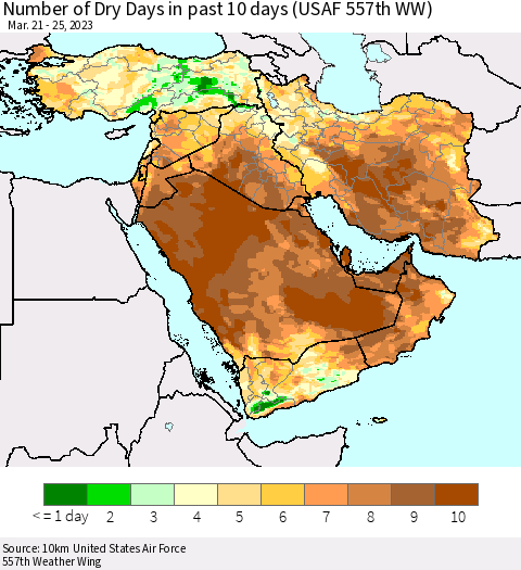 Middle East and Turkey Number of Dry Days in past 10 days (USAF 557th WW) Thematic Map For 3/21/2023 - 3/25/2023