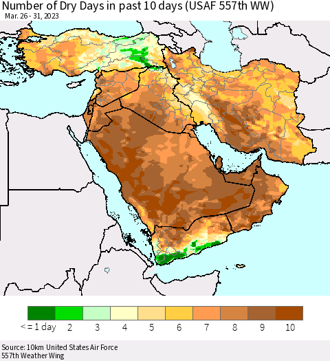 Middle East and Turkey Number of Dry Days in past 10 days (USAF 557th WW) Thematic Map For 3/26/2023 - 3/31/2023