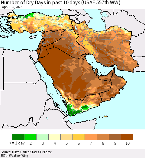 Middle East and Turkey Number of Dry Days in past 10 days (USAF 557th WW) Thematic Map For 4/1/2023 - 4/5/2023