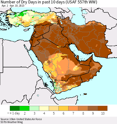 Middle East and Turkey Number of Dry Days in past 10 days (USAF 557th WW) Thematic Map For 4/6/2023 - 4/10/2023