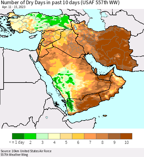 Middle East and Turkey Number of Dry Days in past 10 days (USAF 557th WW) Thematic Map For 4/11/2023 - 4/15/2023