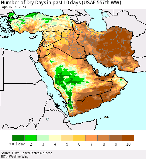 Middle East and Turkey Number of Dry Days in past 10 days (USAF 557th WW) Thematic Map For 4/16/2023 - 4/20/2023