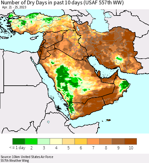 Middle East and Turkey Number of Dry Days in past 10 days (USAF 557th WW) Thematic Map For 4/21/2023 - 4/25/2023
