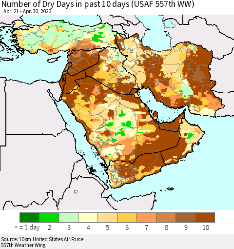 Middle East and Turkey Number of Dry Days in past 10 days (USAF 557th WW) Thematic Map For 4/26/2023 - 4/30/2023