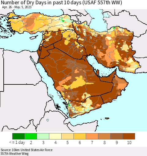 Middle East and Turkey Number of Dry Days in past 10 days (USAF 557th WW) Thematic Map For 5/1/2023 - 5/5/2023
