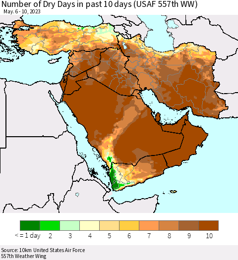 Middle East and Turkey Number of Dry Days in past 10 days (USAF 557th WW) Thematic Map For 5/6/2023 - 5/10/2023