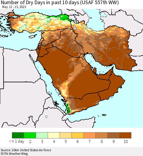 Middle East and Turkey Number of Dry Days in past 10 days (USAF 557th WW) Thematic Map For 5/11/2023 - 5/15/2023