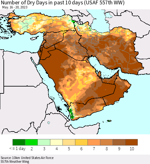 Middle East and Turkey Number of Dry Days in past 10 days (USAF 557th WW) Thematic Map For 5/16/2023 - 5/20/2023