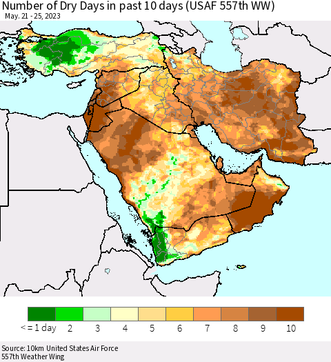 Middle East and Turkey Number of Dry Days in past 10 days (USAF 557th WW) Thematic Map For 5/21/2023 - 5/25/2023