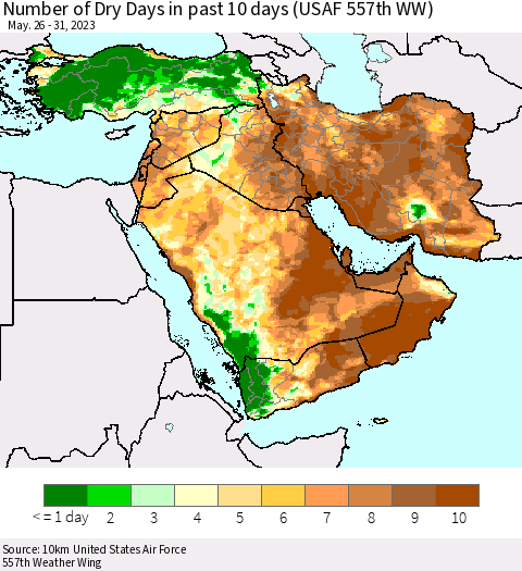 Middle East and Turkey Number of Dry Days in past 10 days (USAF 557th WW) Thematic Map For 5/26/2023 - 5/31/2023
